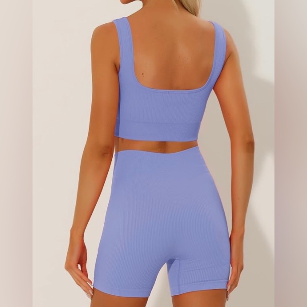 💙2 Piece Set: Periwinkle Ribbed Matching Sports Bra Biker Shorts Workout Set - Picture 2 of 10